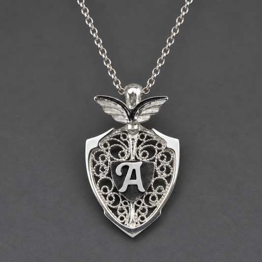 Wing & Personalized Monogram Filigree Shield Necklace in Silver