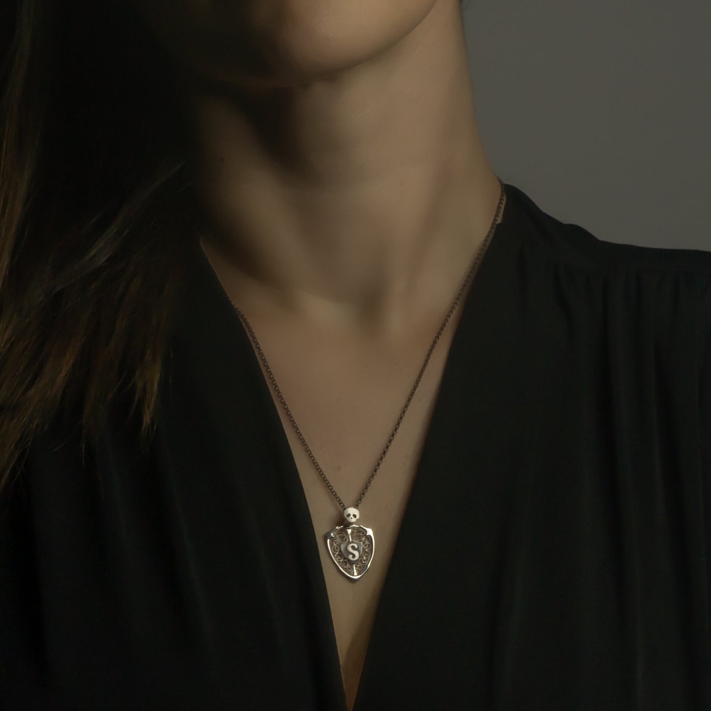 Skull & Personalized Monogram Filigree Shield Necklace in Silver