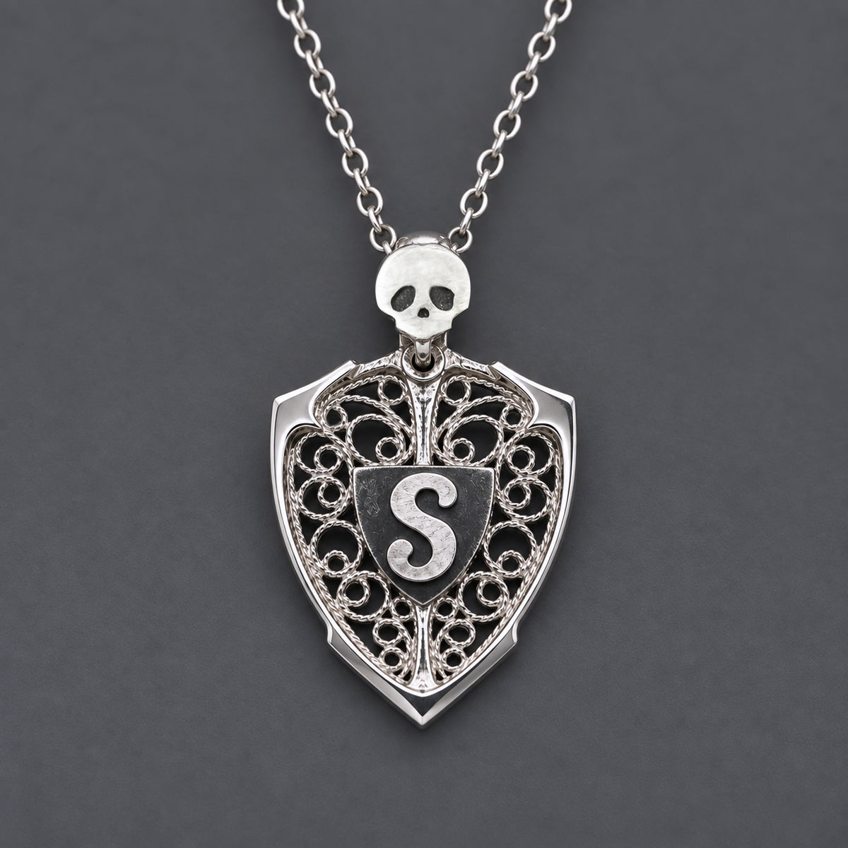 Skull & Personalized Monogram Filigree Shield Necklace in Silver