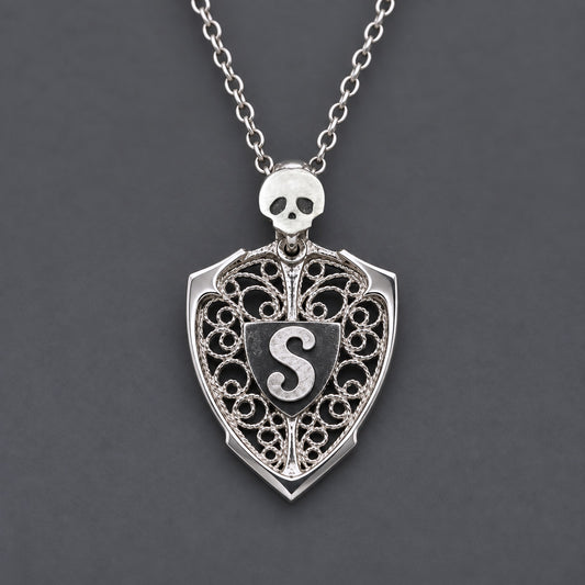 Skull & Personalized Monogram Filigree Shield Necklace in Silver