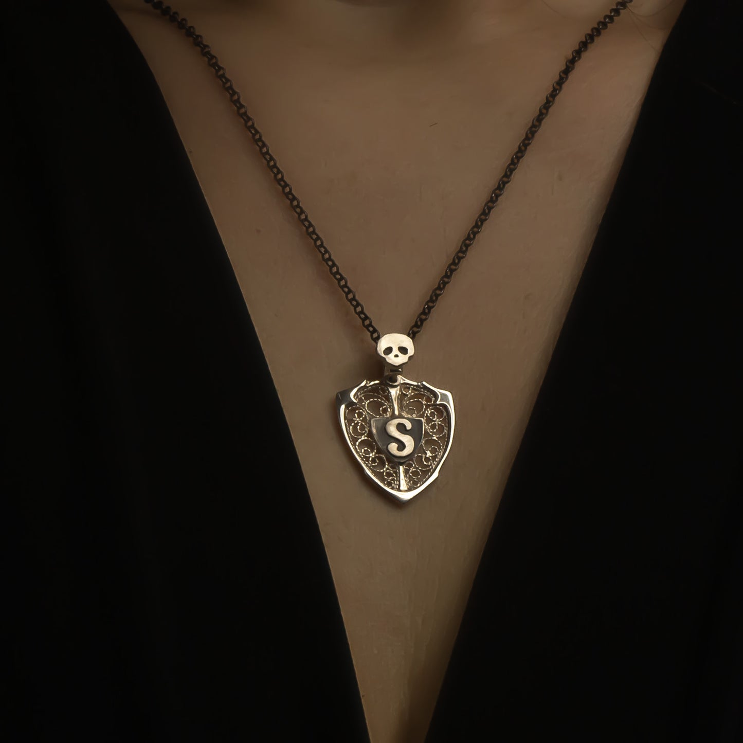 Skull & Personalized Monogram Filigree Shield Necklace in Silver