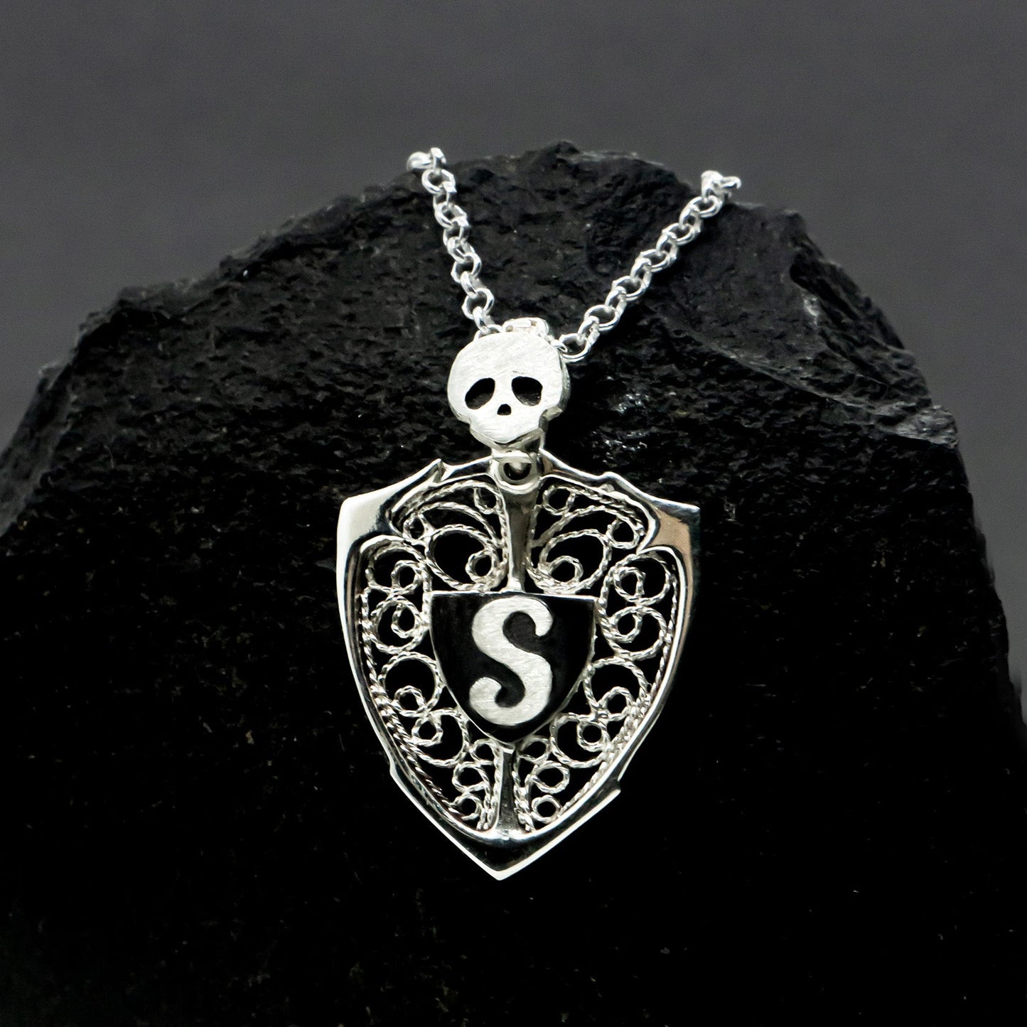 Skull & Personalized Monogram Filigree Shield Necklace in Silver
