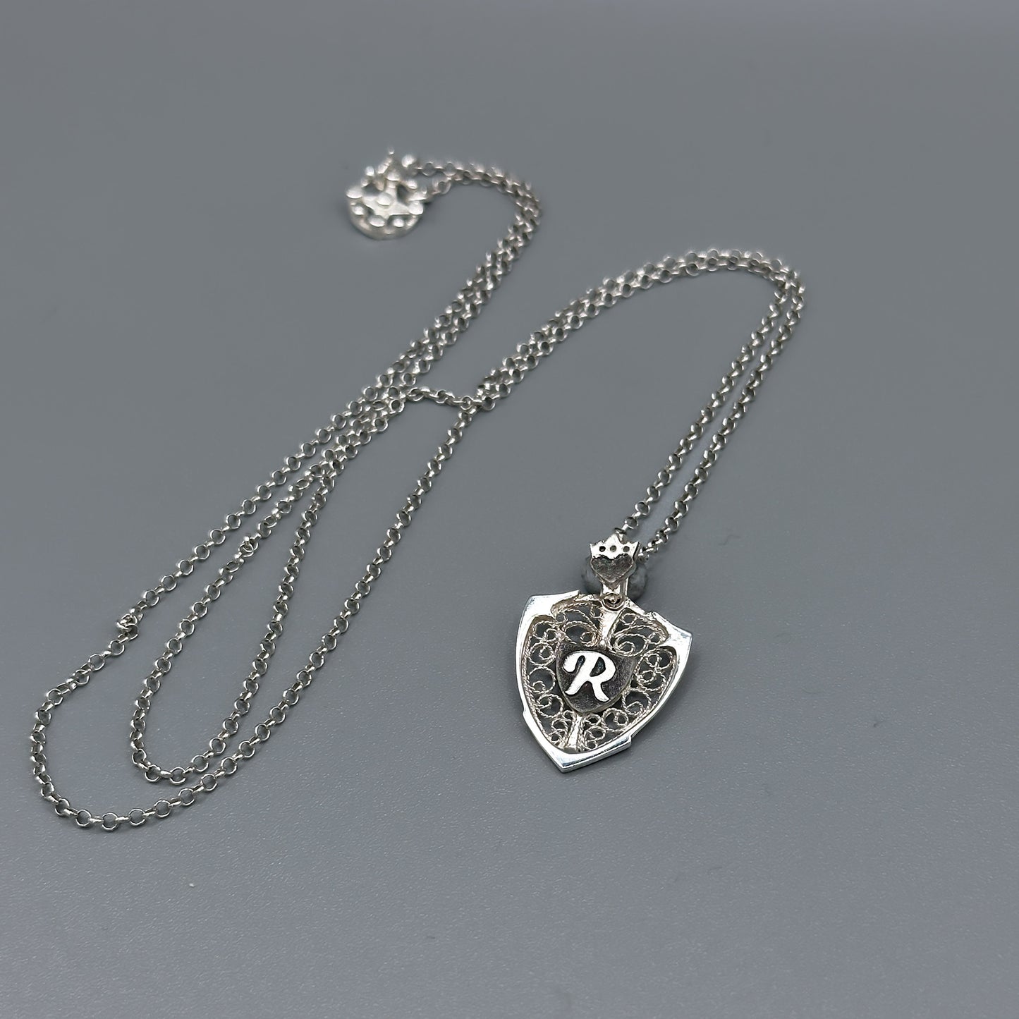 Crowned Heart & Personalized Monogram Filigree Shield Necklace in Silver