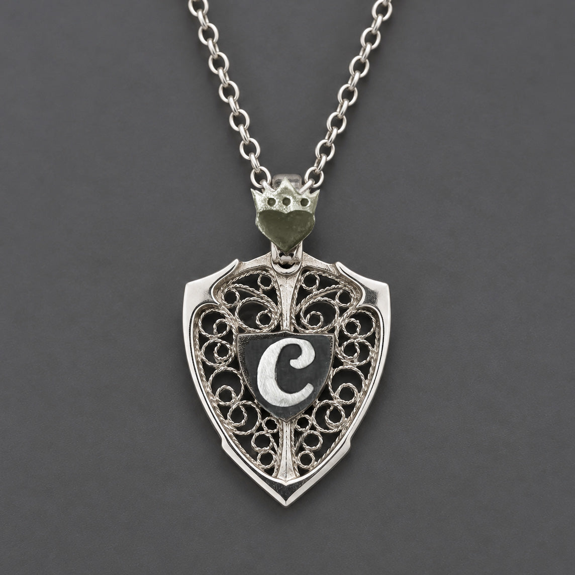 Crowned Heart & Personalized Monogram Filigree Shield Necklace in Silver