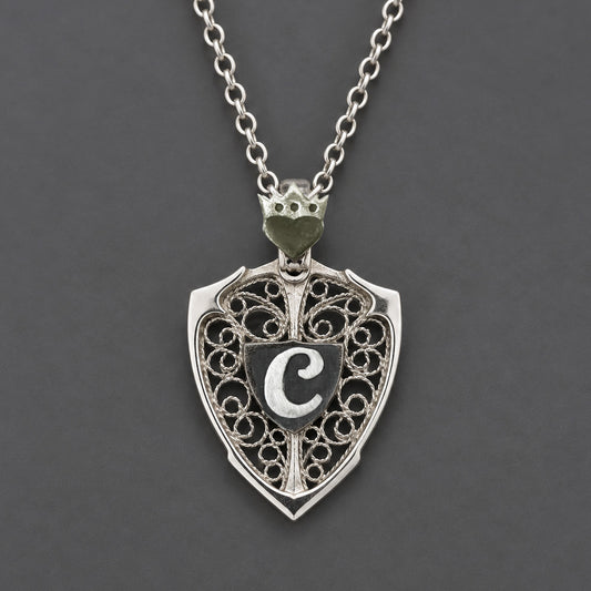 Crowned Heart & Personalized Monogram Filigree Shield Necklace in Silver