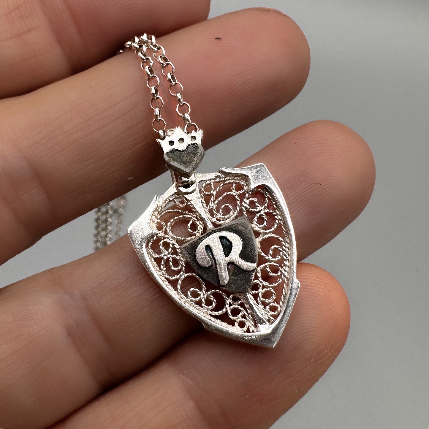 Crowned Heart & Personalized Monogram Filigree Shield Necklace in Silver