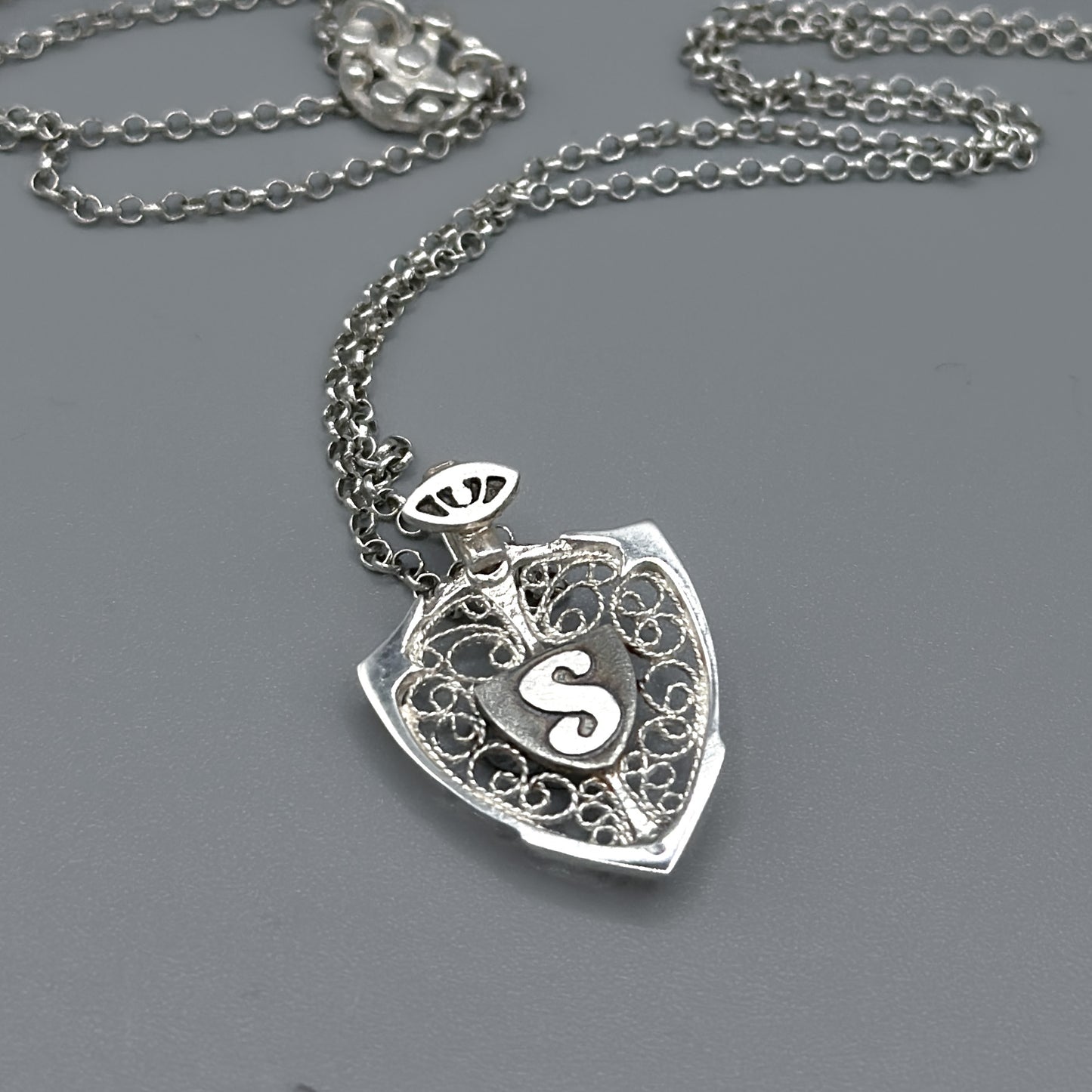 Eye & Personalized Monogram Filigree Shield Necklace in Silver