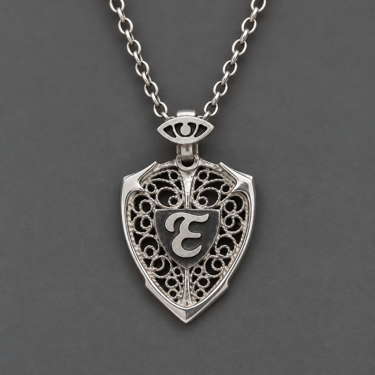 Eye & Personalized Monogram Filigree Shield Necklace in Silver