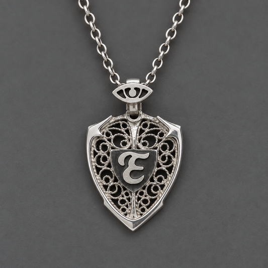 Eye & Personalized Monogram Filigree Shield Necklace in Silver