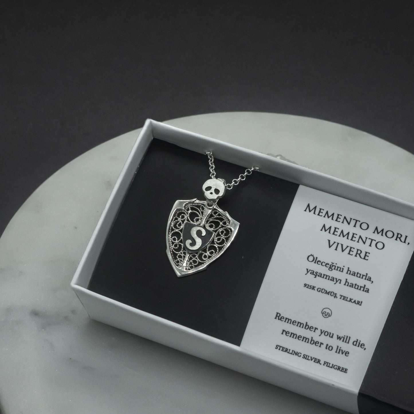 Skull & Personalized Monogram Filigree Shield Necklace in Silver
