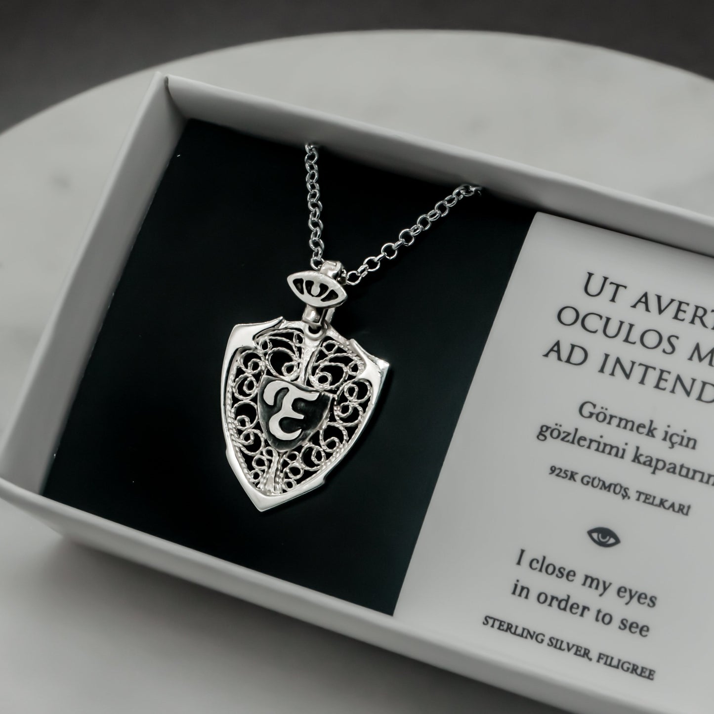 Eye & Personalized Monogram Filigree Shield Necklace in Silver