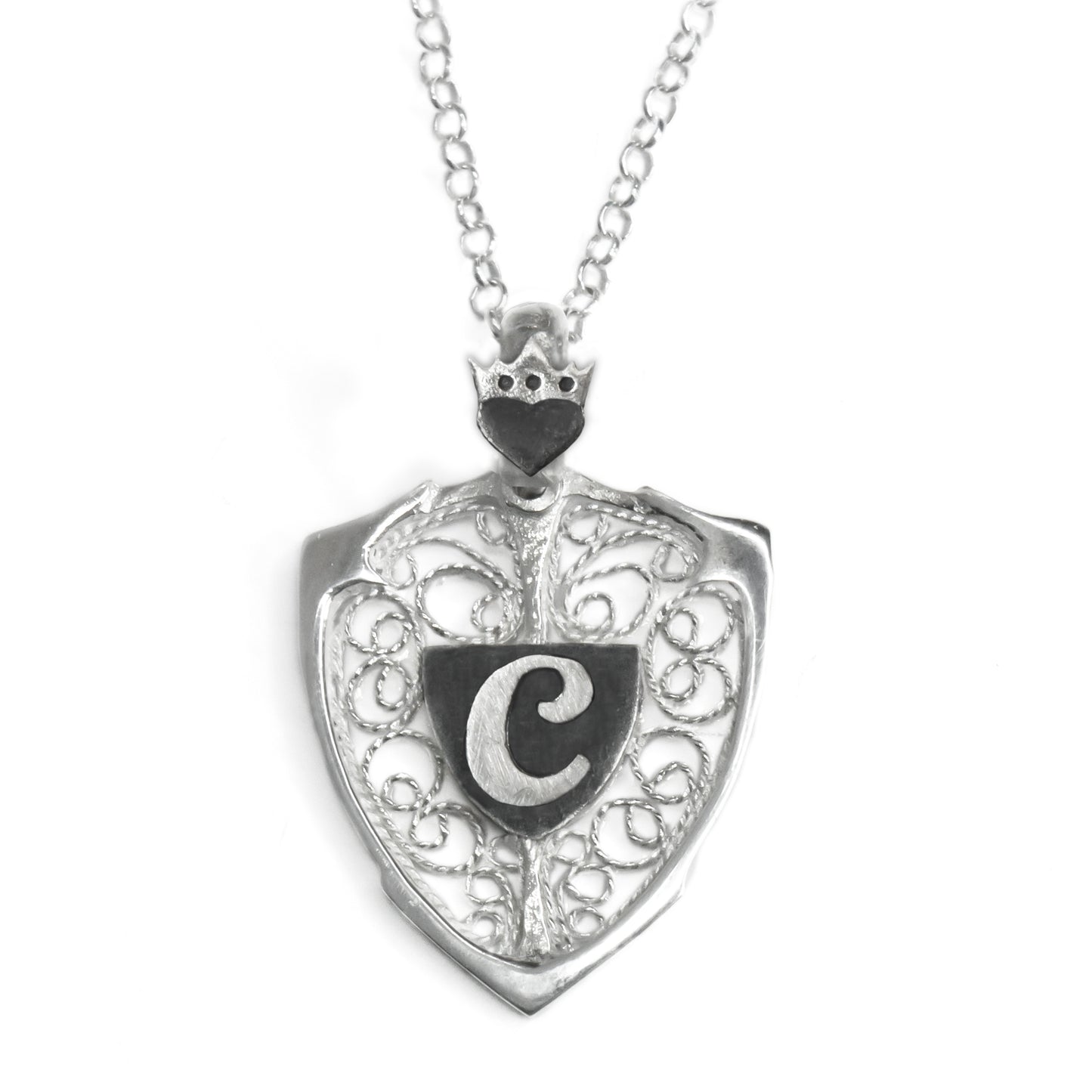 Crowned Heart & Personalized Monogram Filigree Shield Necklace in Silver