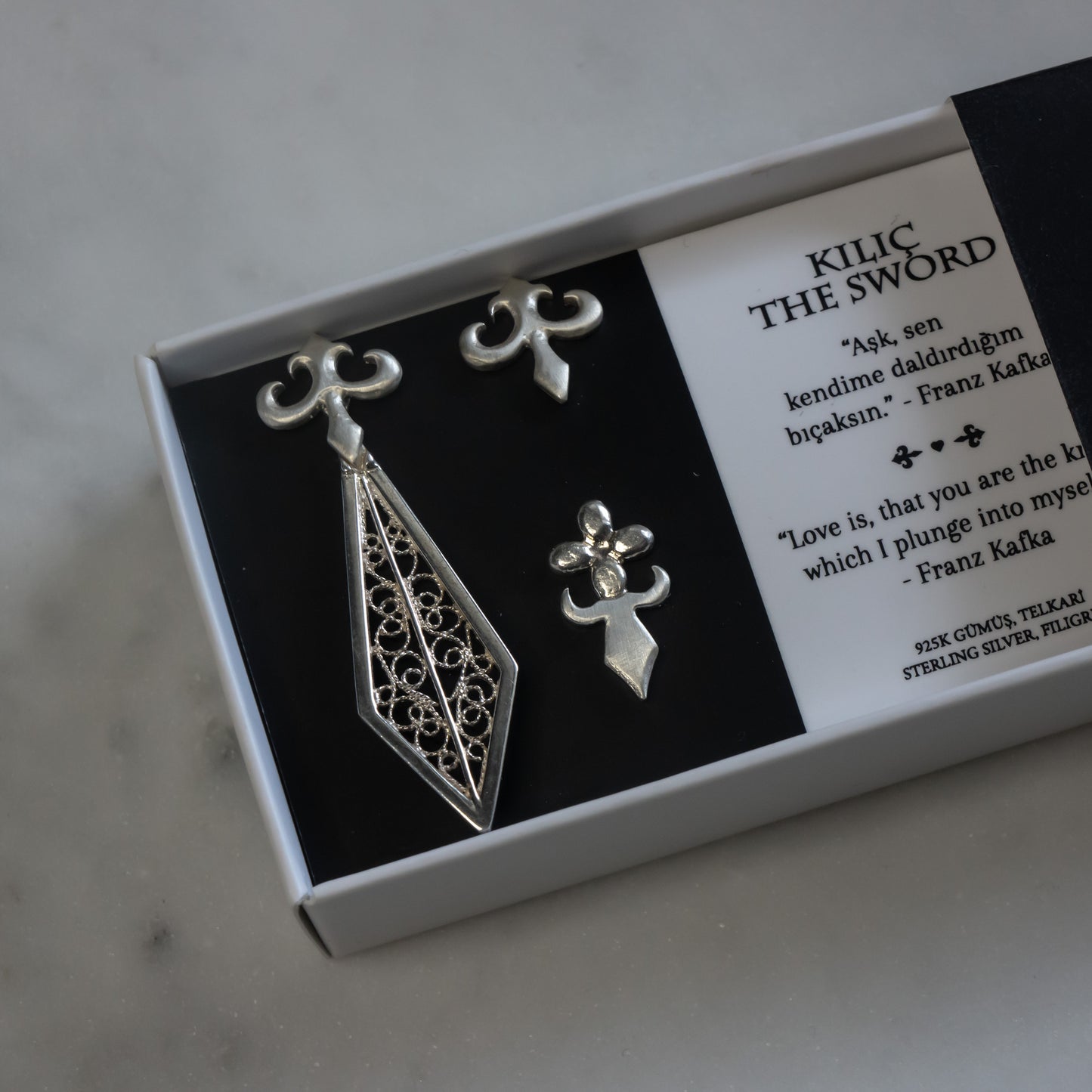 Sword Earring Set – Filigree Ear Jacket & Stud Earrings in Silver